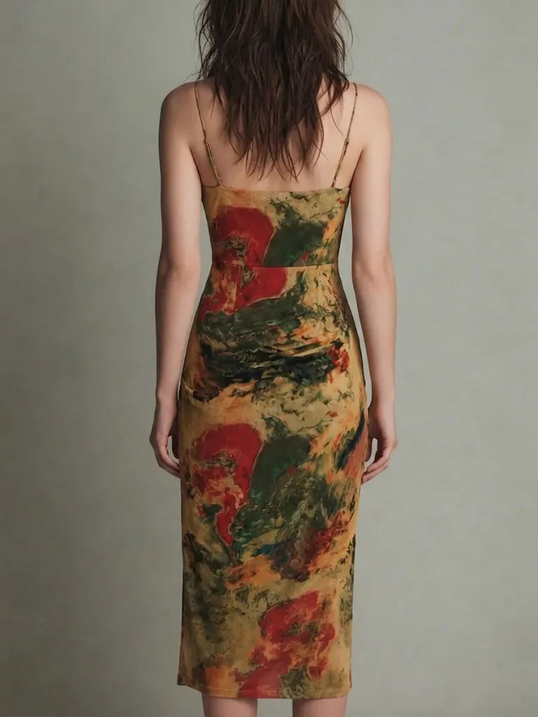 Retro-elegant Floral Print Spaghetti-strap Bodycon Dress