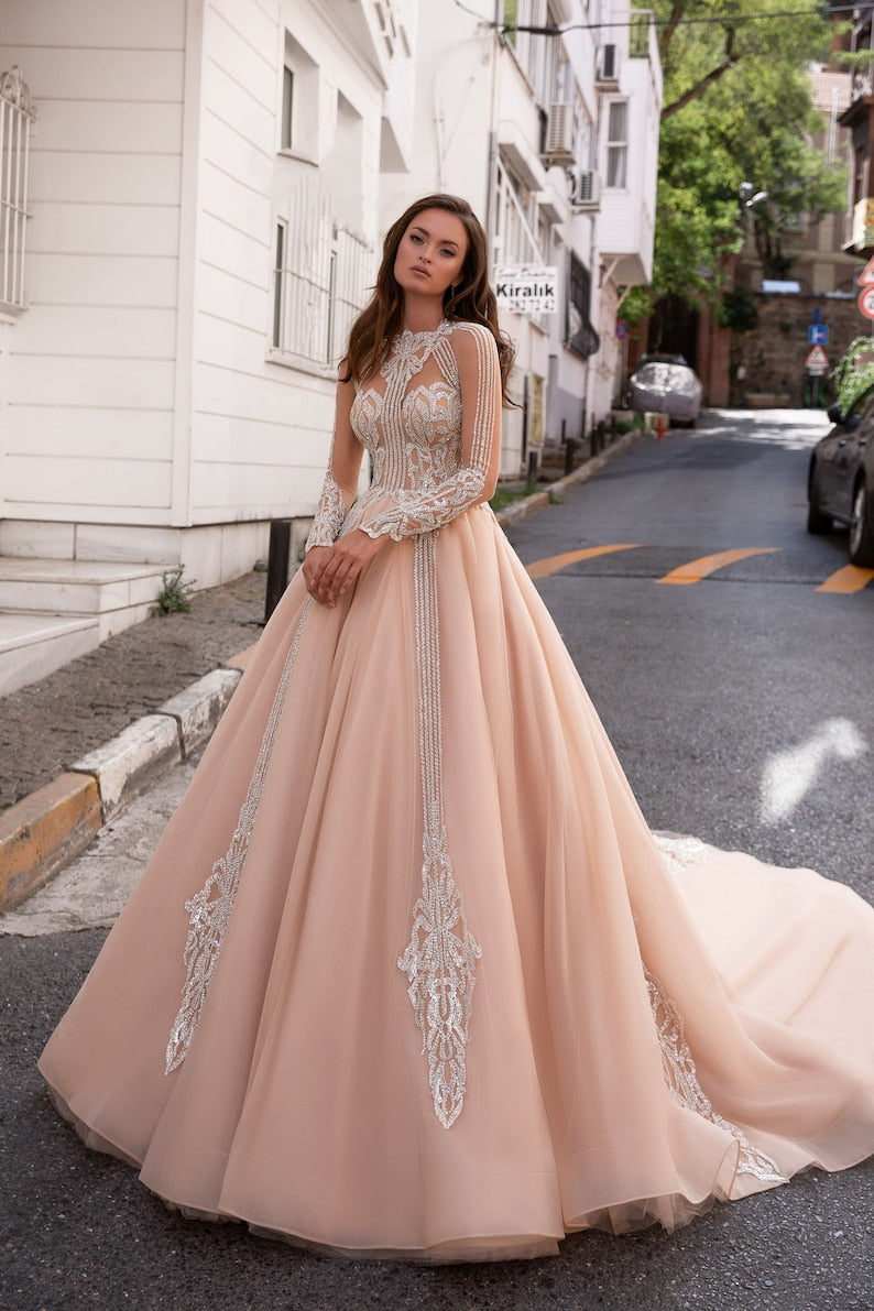 Powder Luxury Wedding Dress, Custom Bridal Gown for Bride, Long Train Wedding Dress, Silver Rhinestone Dress,Beige Wedding Dress Long Sleeve