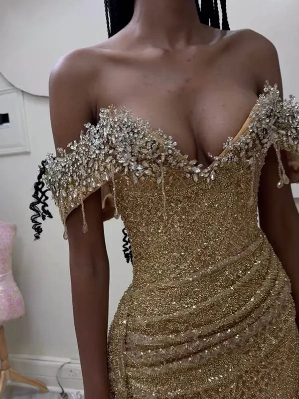 Shiny Sequinned Sleeveless one-shoulder Wrap Maxi Dresses
