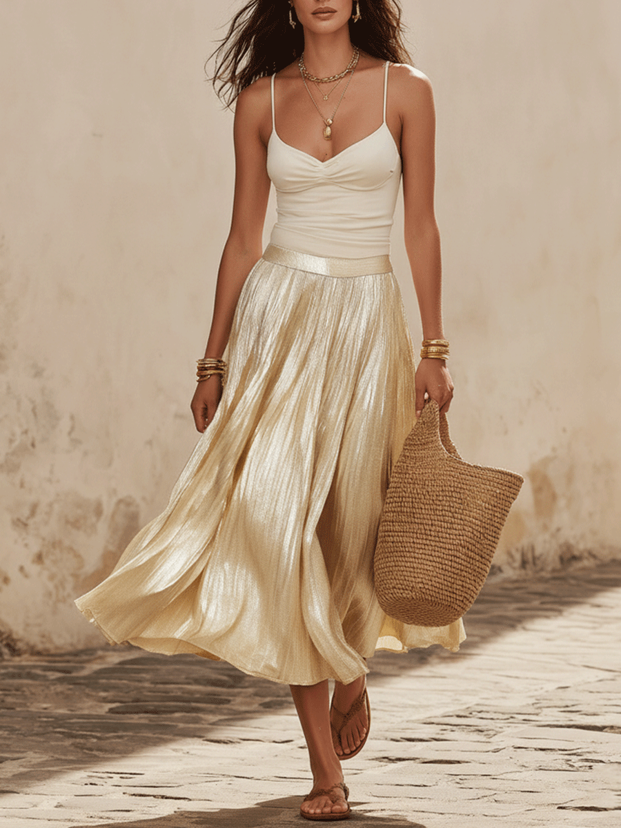 Effortless Coastal Elegance Cream Ruched Top & Pleated Skirt Set