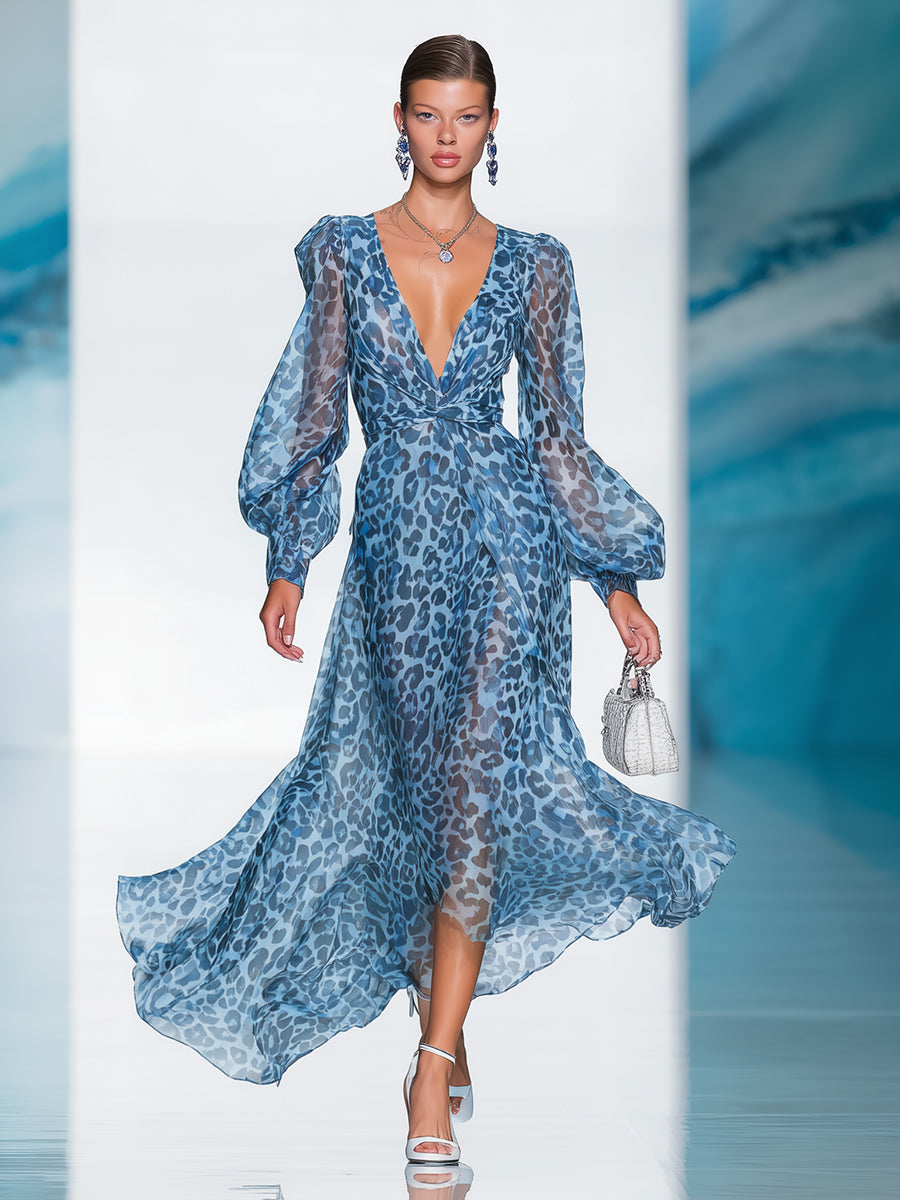 [24-hour shipping out]Elegant And Fashionable Chiffon Blue Leopard Print Long Sleeve V-neck Flowing Maxi Dress
