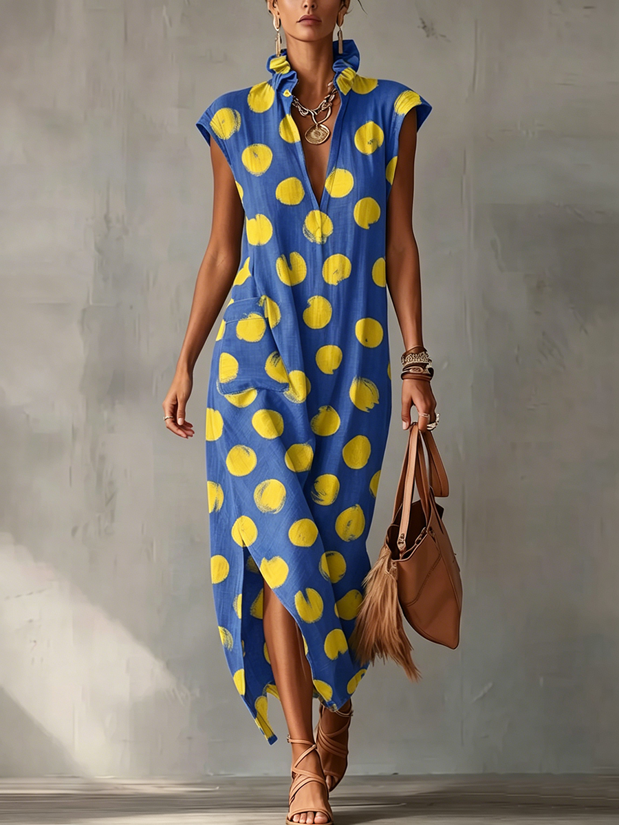 Artistic Brushstroke Polka Dot Cotton-linen Dress