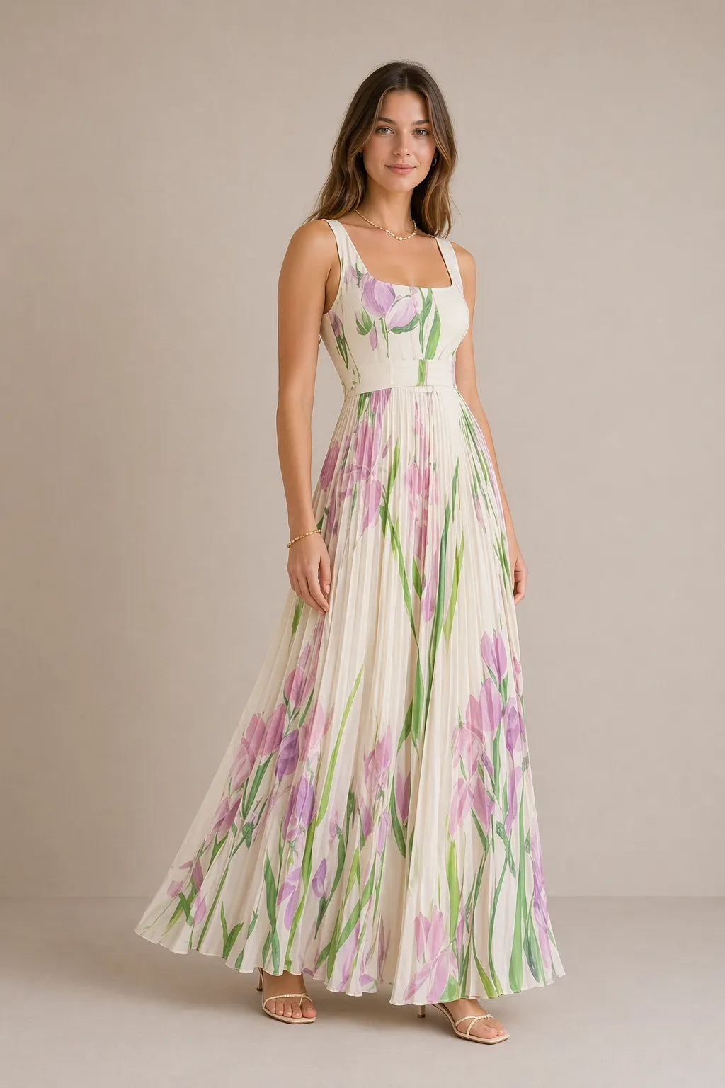 Floral Pleated Square-Neck Maxi Dress