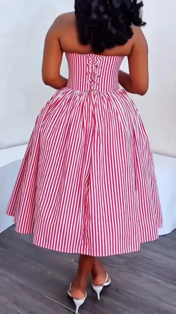 Stripe Corset Fit‑and‑Flare Midi Dress