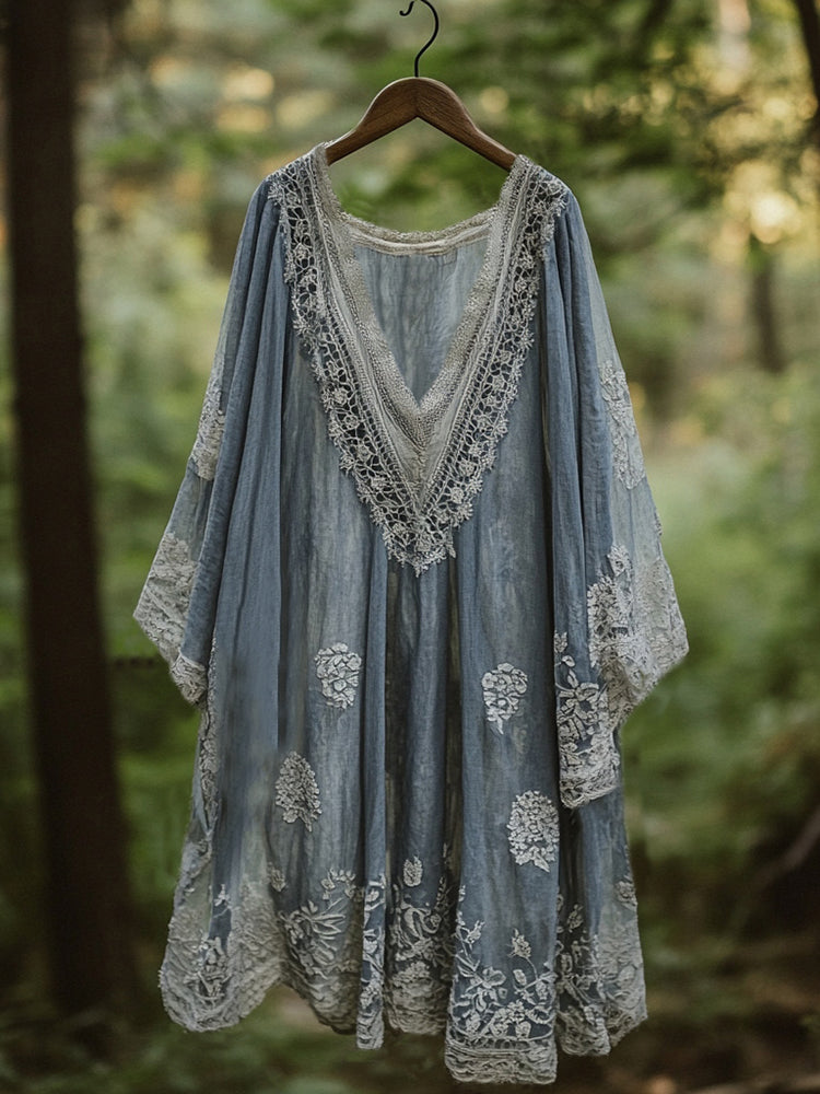 Vintage Floral Embroidered Pattern Linen Maxi Dress