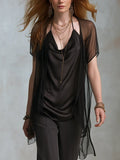 Elegant Black Satin Draped Neck Vest And Tulle Jacket Set