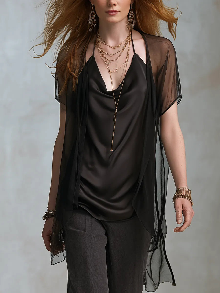 Elegant Black Satin Draped Neck Vest And Tulle Jacket Set
