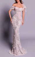 Nude 3D Lace Off-Shoulder Mermaid Maxi Dress with Train