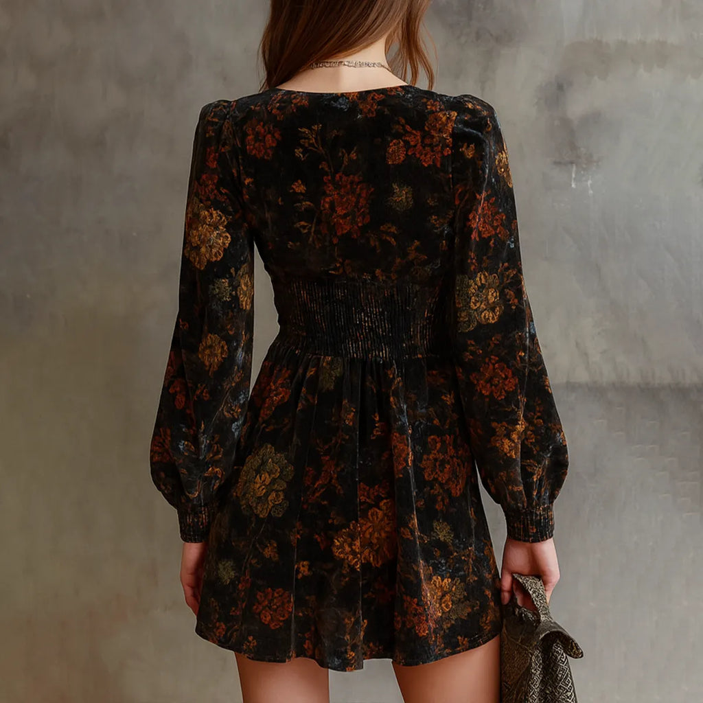 Retro Floral Print Pleated Waist Velvet Mini Dress