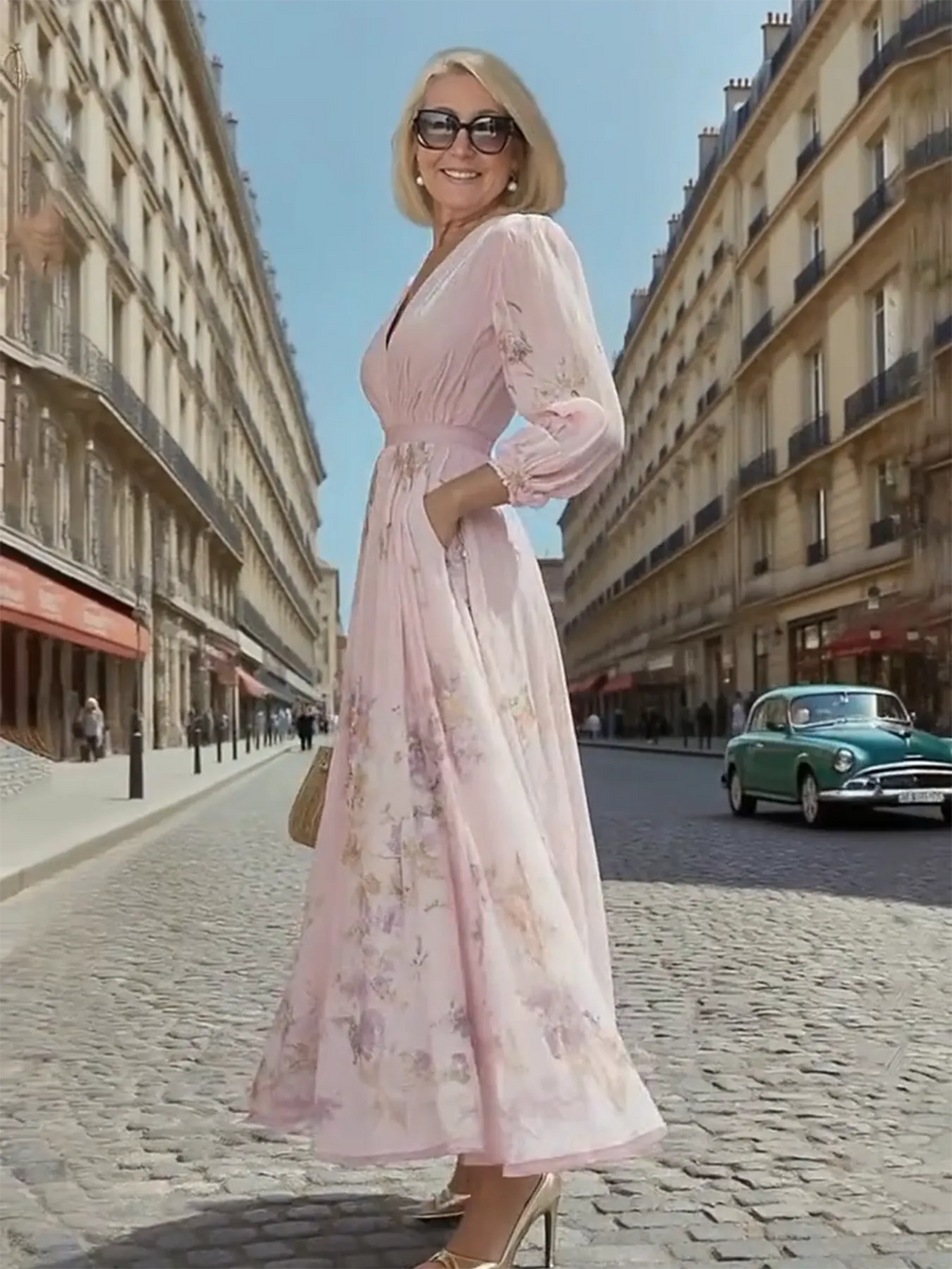 Gala Dress Digital Print V-neck Long Sleeves Pleats, Dress Long Dress