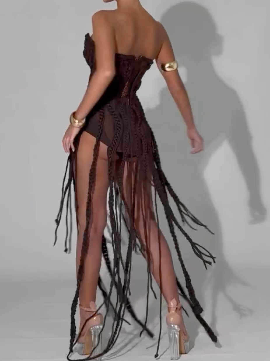 Brown Macramé Strapless Mini Dress with Braided Fringe Tassels