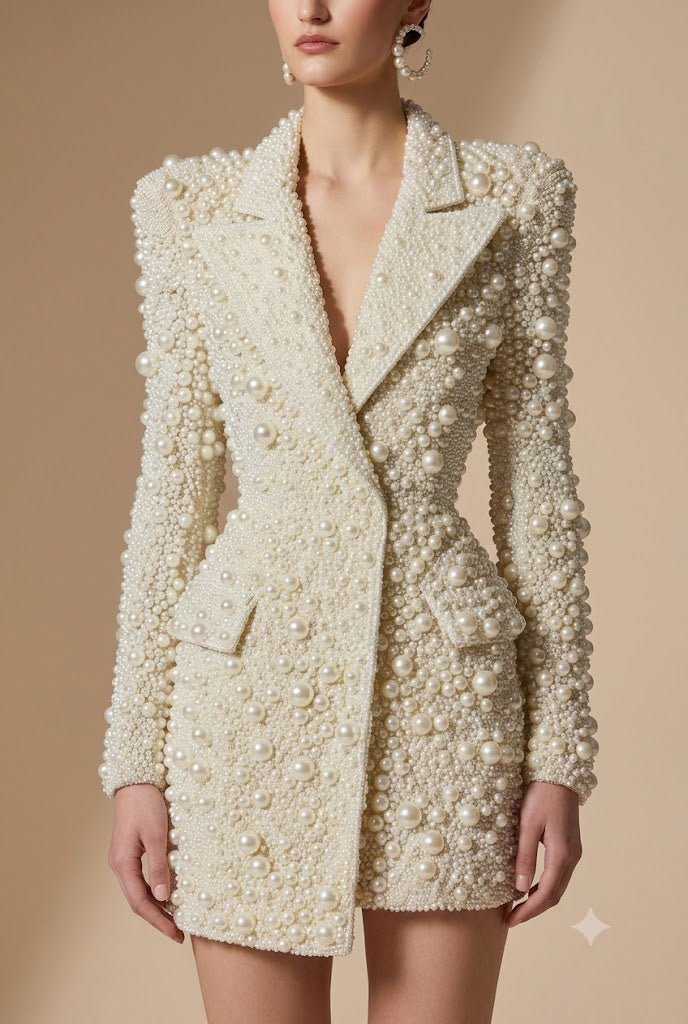 Luxury Ivory White Pearl Embellished Blazer Dress | Heavy Beaded Mini Dress