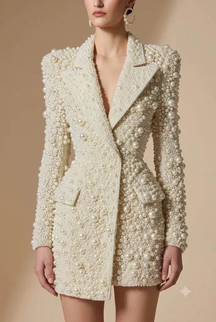 Luxury Ivory White Pearl Embellished Blazer Dress | Heavy Beaded Mini Dress