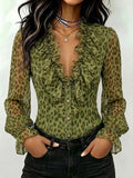 Stylish And Elegant Leopard Print Ruffle-collar Blouse