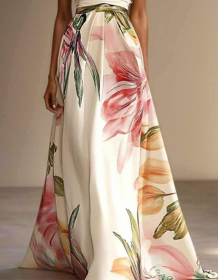 One-Shoulder Neckline With Floral Print A-Line Maxi Dress