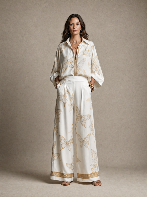 Bohemian Luxe Butterfly Jacquard Blouse & Wide-Leg Pants Set