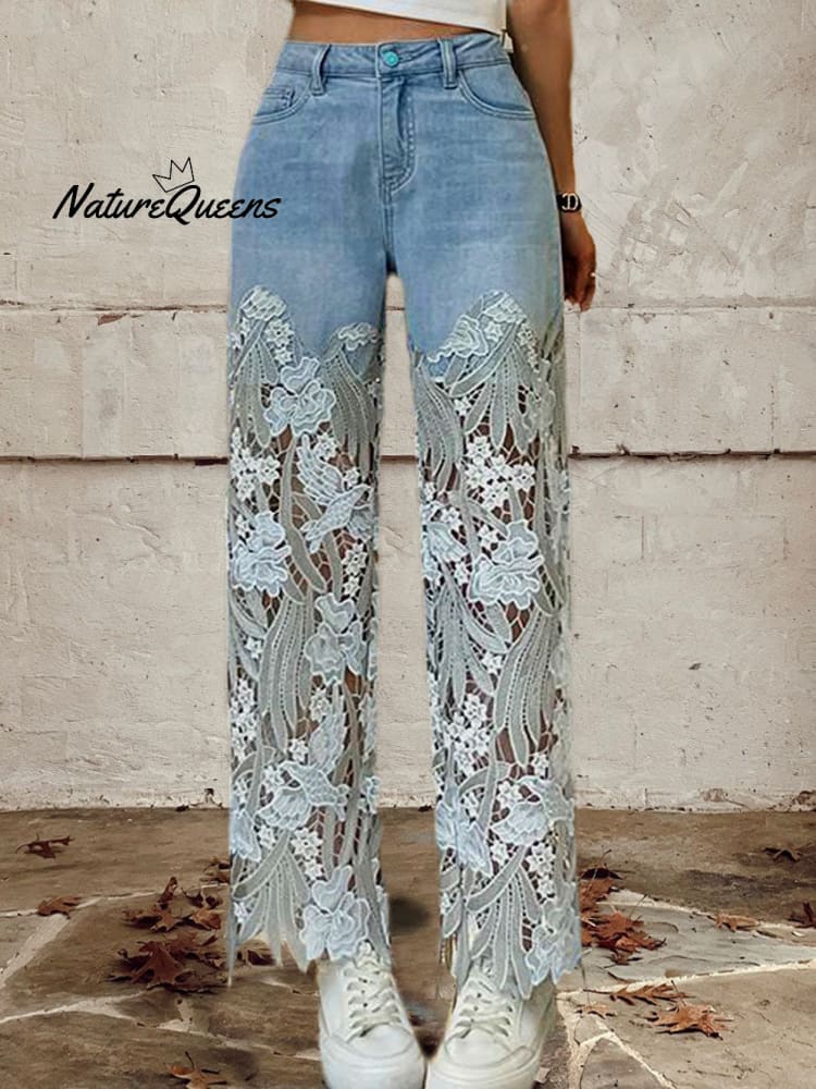 Women's Mid Waist Buttoned Lace Patchwork Jeans
