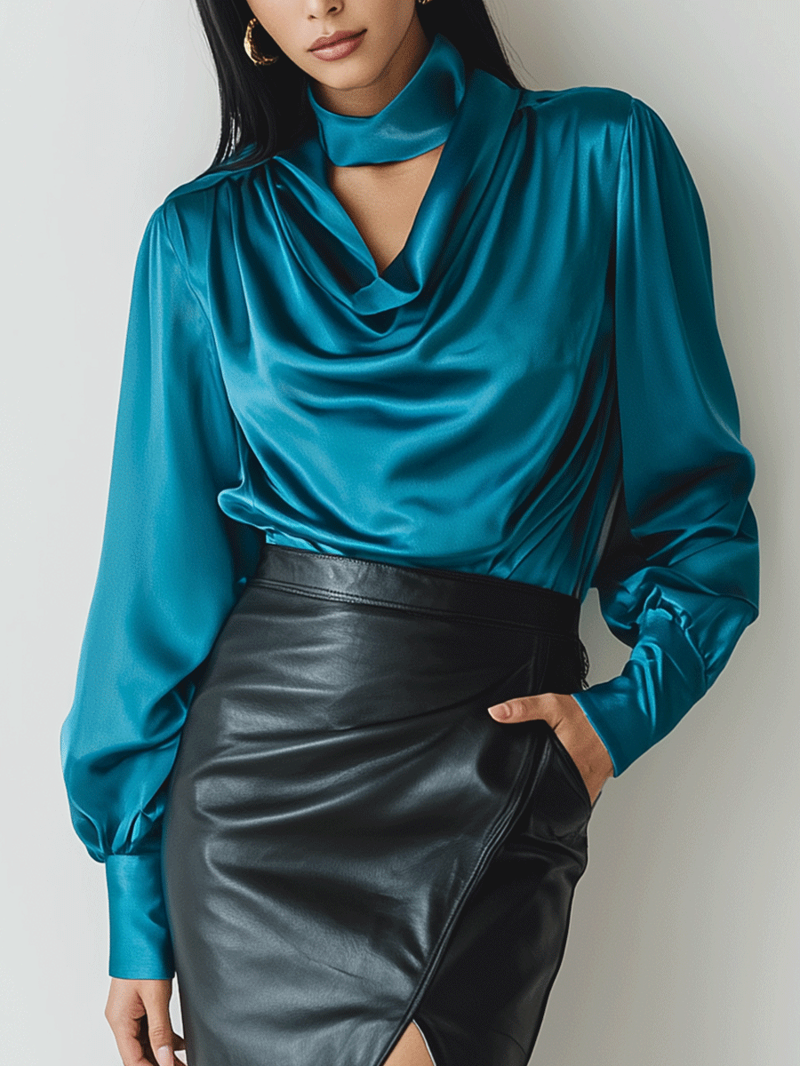 Chic Satin Drape Blouse & Leather Slit Skirt Set