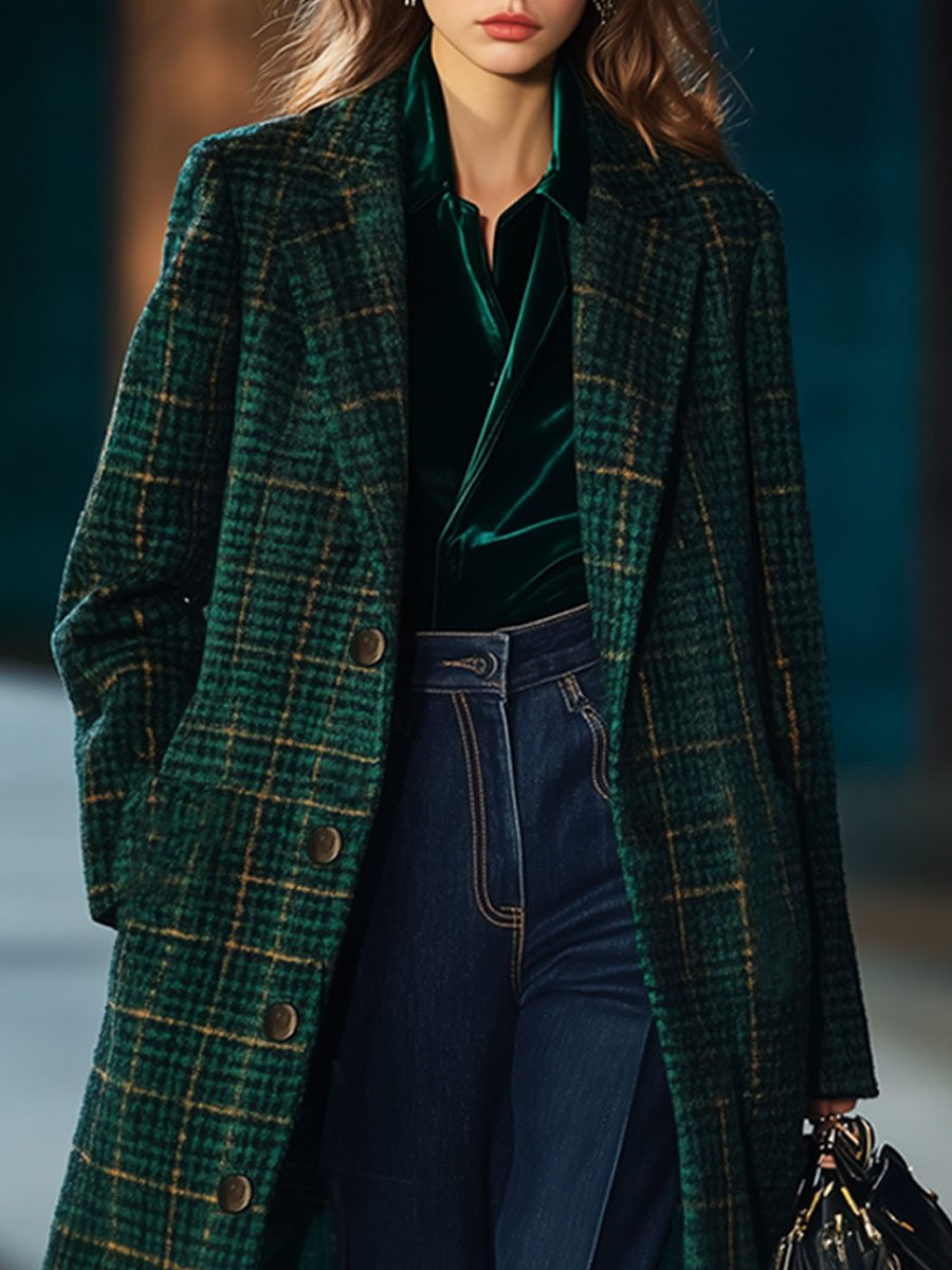[24-hour shipping out]Casual Loose Retro Pocket Woolen Plaid Mid-Length Coat