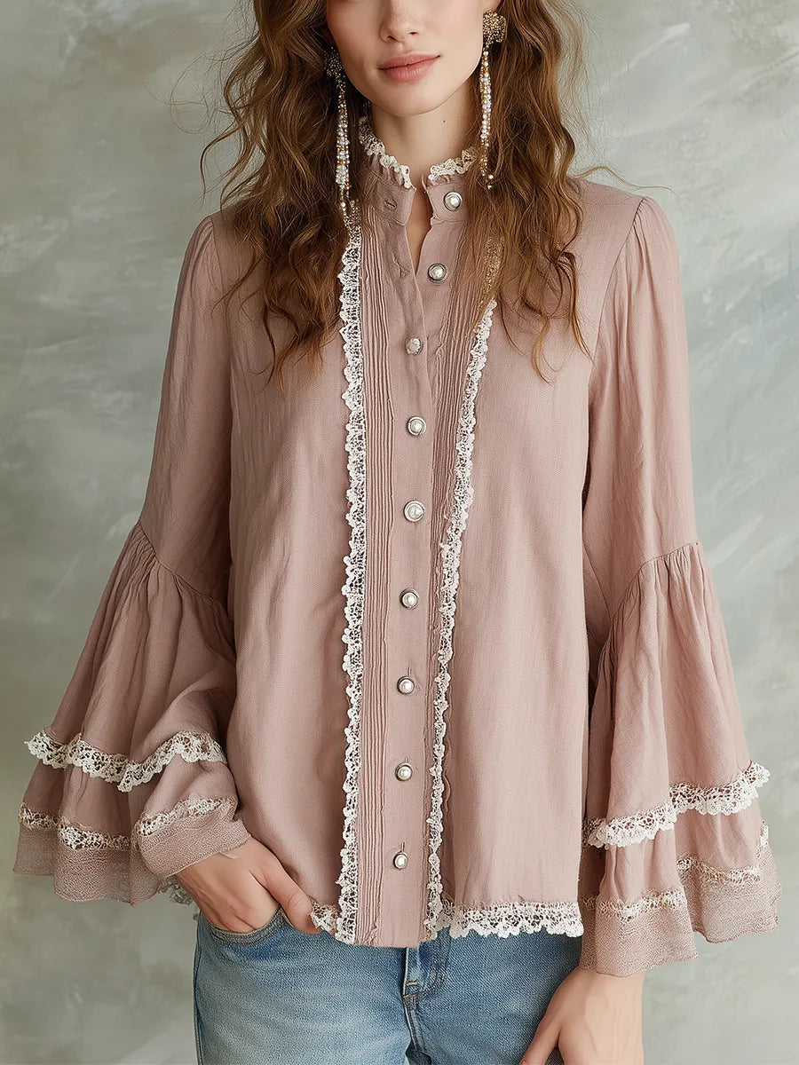 Delicate Blush Lace Trim Ruffle Blouse