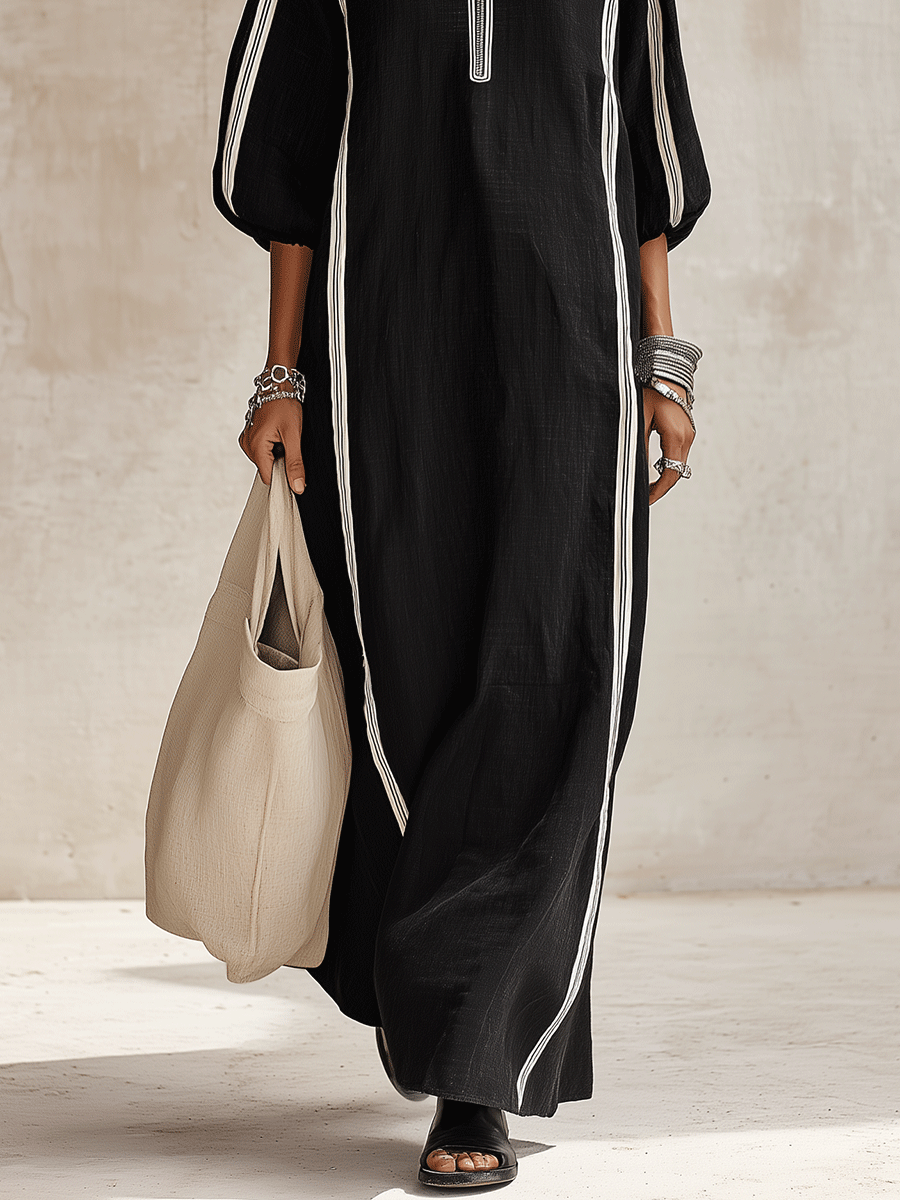 Women's Zip Collar Contrast Striped Long Sleeve Maxi Dress
