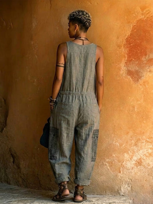 Bohemian Embroidered Drawstring Cotton-linen Jumpsuit