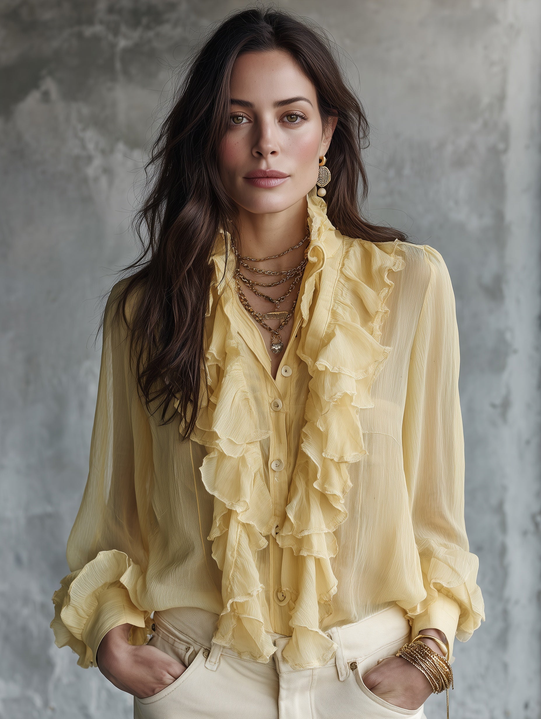 Elegant Coastal Flowy Layered-Ruffle Stand-Collar Lemon Yellow Chiffon Blouse