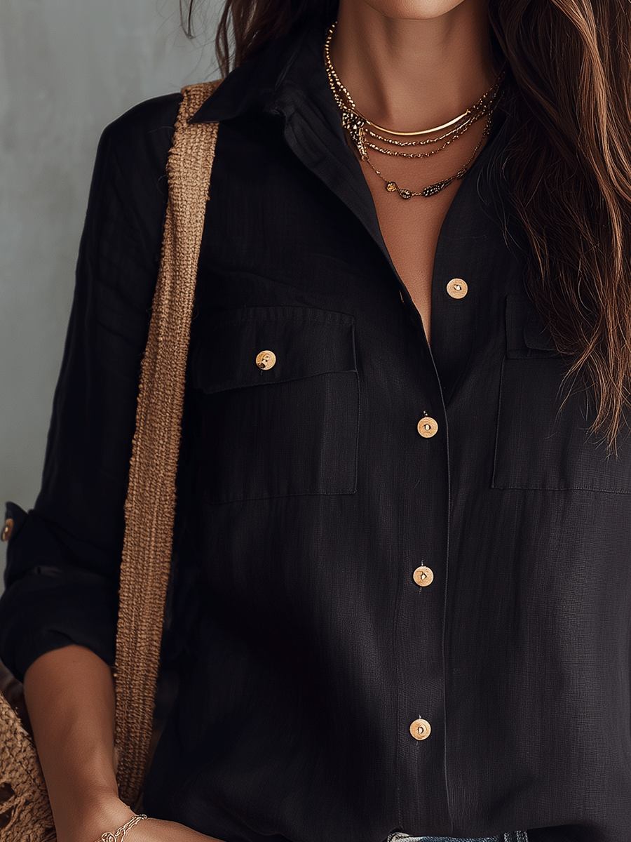 Casual Elegance Black Cotton-Linen Pocket Shirt