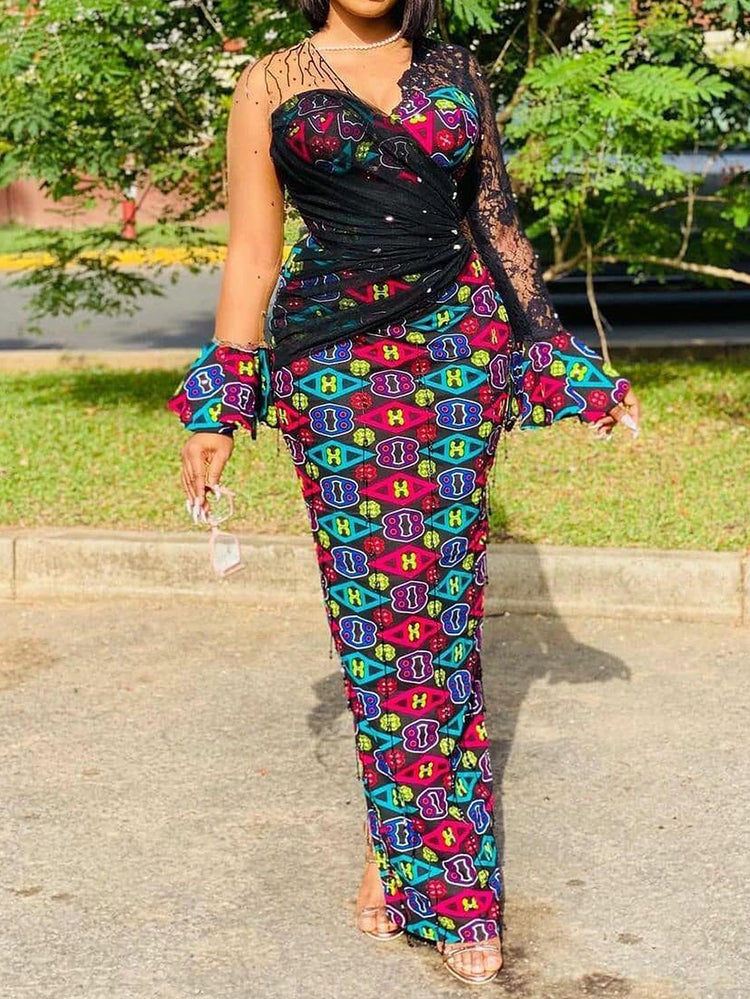 Fashion V-Neck Floral Printed See-Through Split-Joint Maxi Dress
