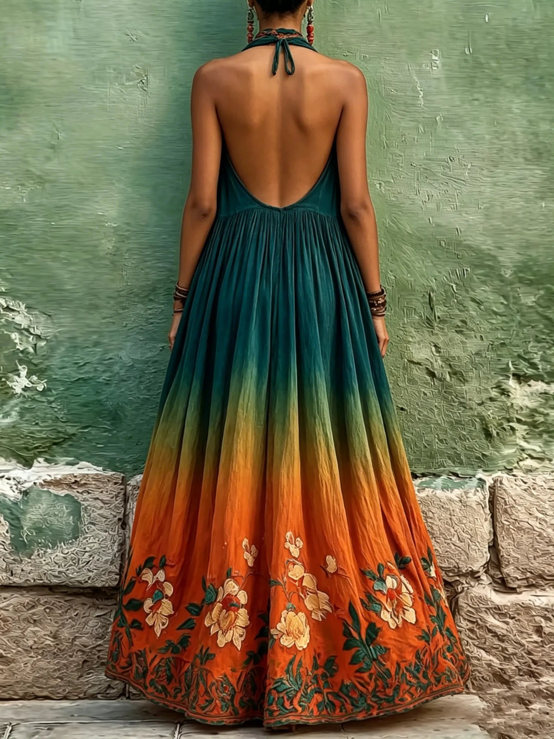 Ombre Tie-dye Halter Neck Embroidered Linen-cotton Maxi Dress