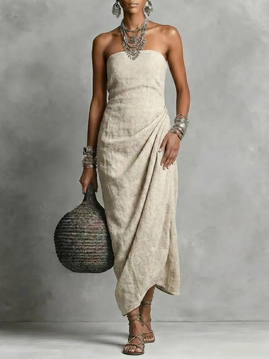 Women's Elegant Strapless Ruched Linen Cotton Dress