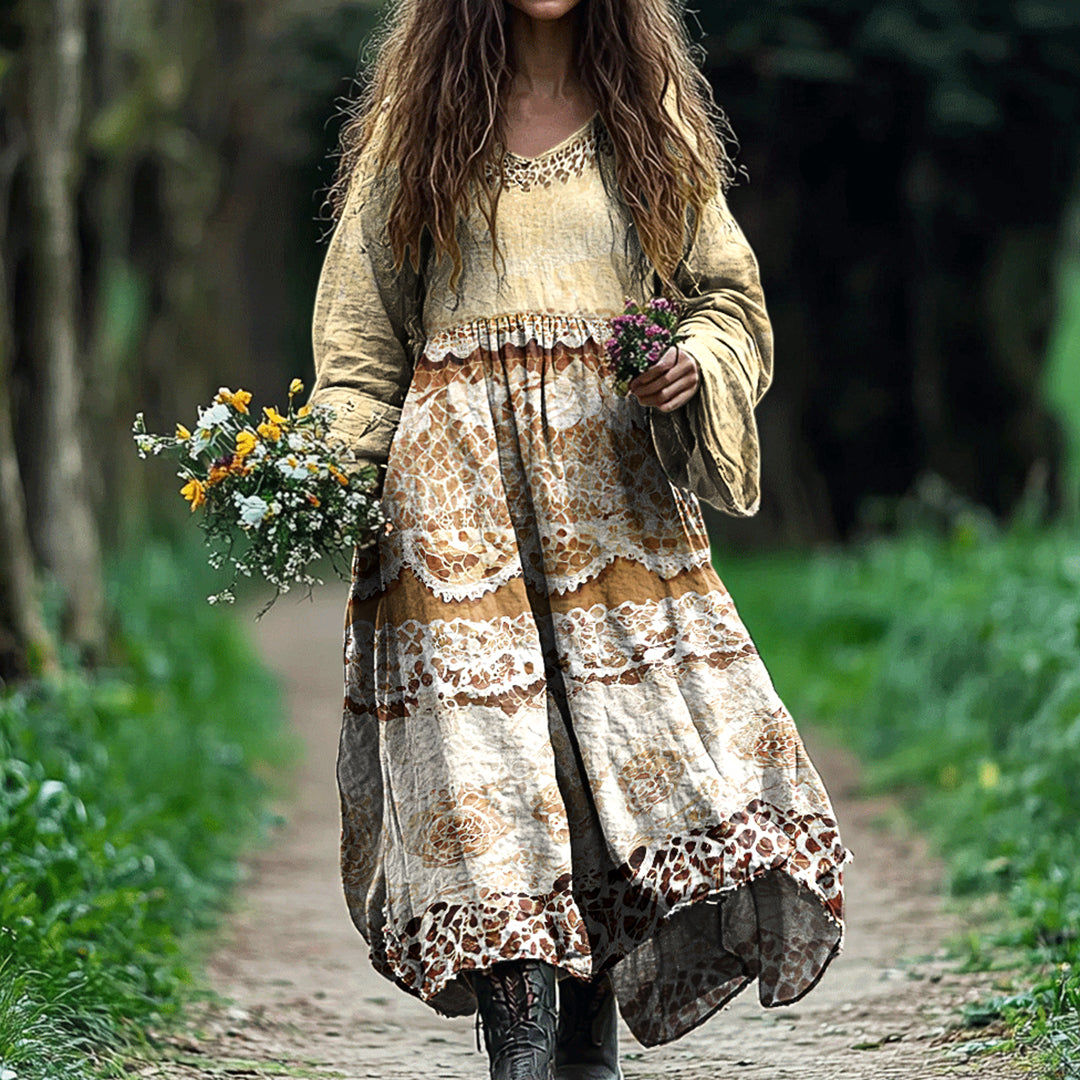 Vintage Lace Floral Linen Blend Maxi Dress