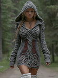 Women's Viking Celtic Knot Tree Of Life Art Cozy Knit Mini Hooded Sweater Dress