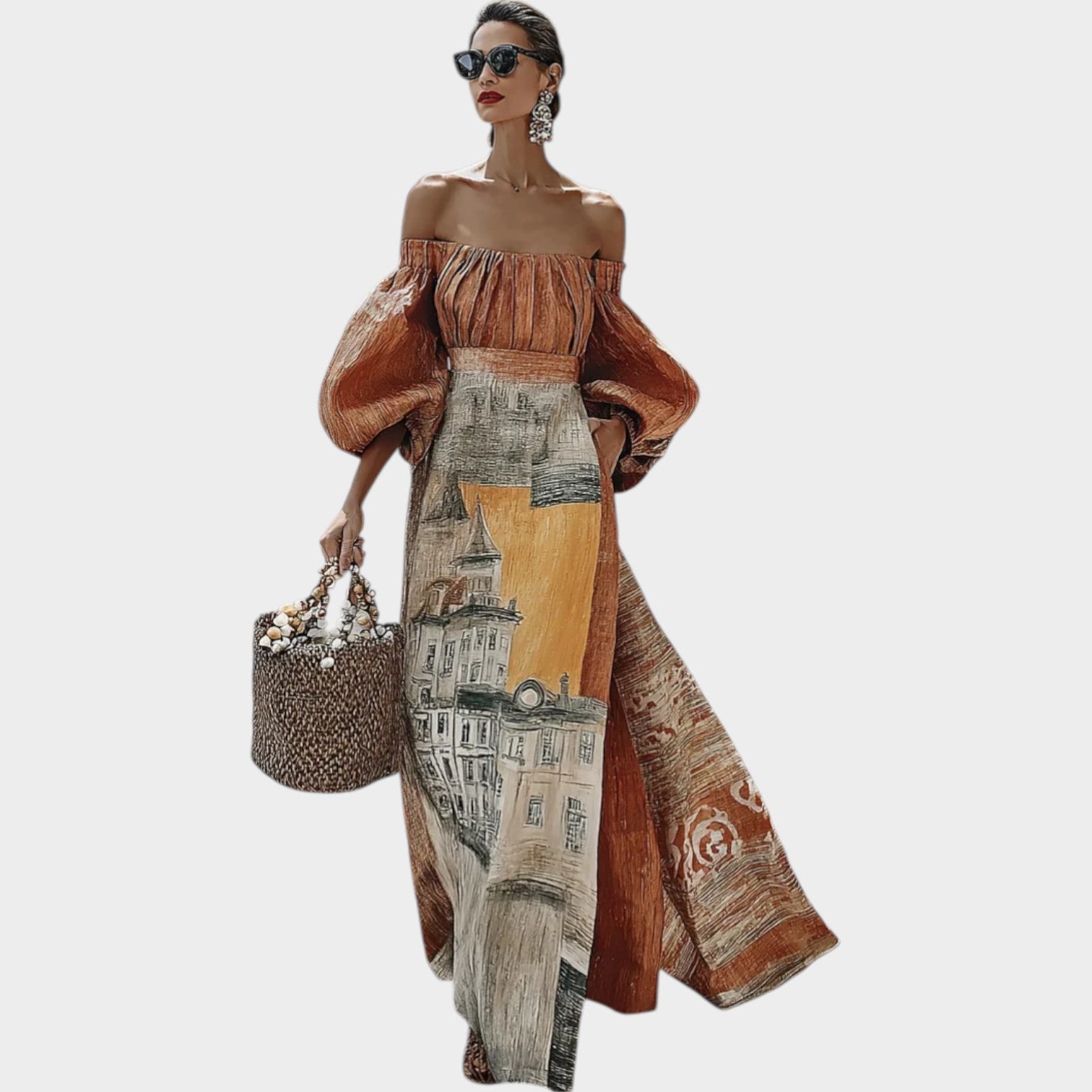 Art-Inspired Off-Shoulder Maxi Dress