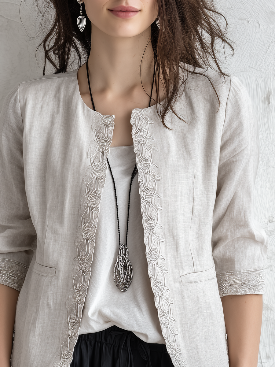 Exquisite Ivory Embroidered Linen Cardigan