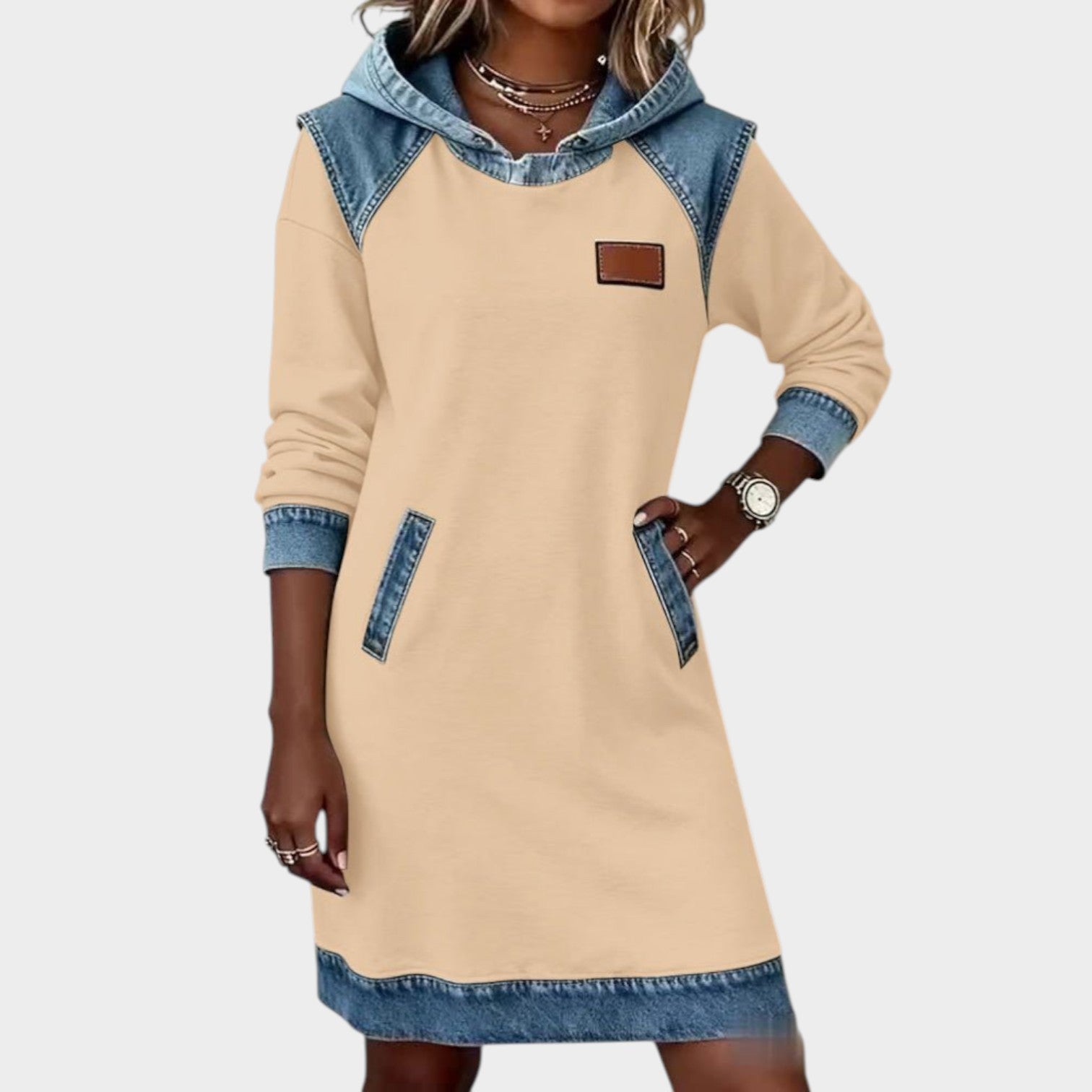 Casual Denim Trim Hoodie Dress
