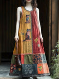 Vintage Floral & Cat Patchwork Linen Vest Long Dress 2c64