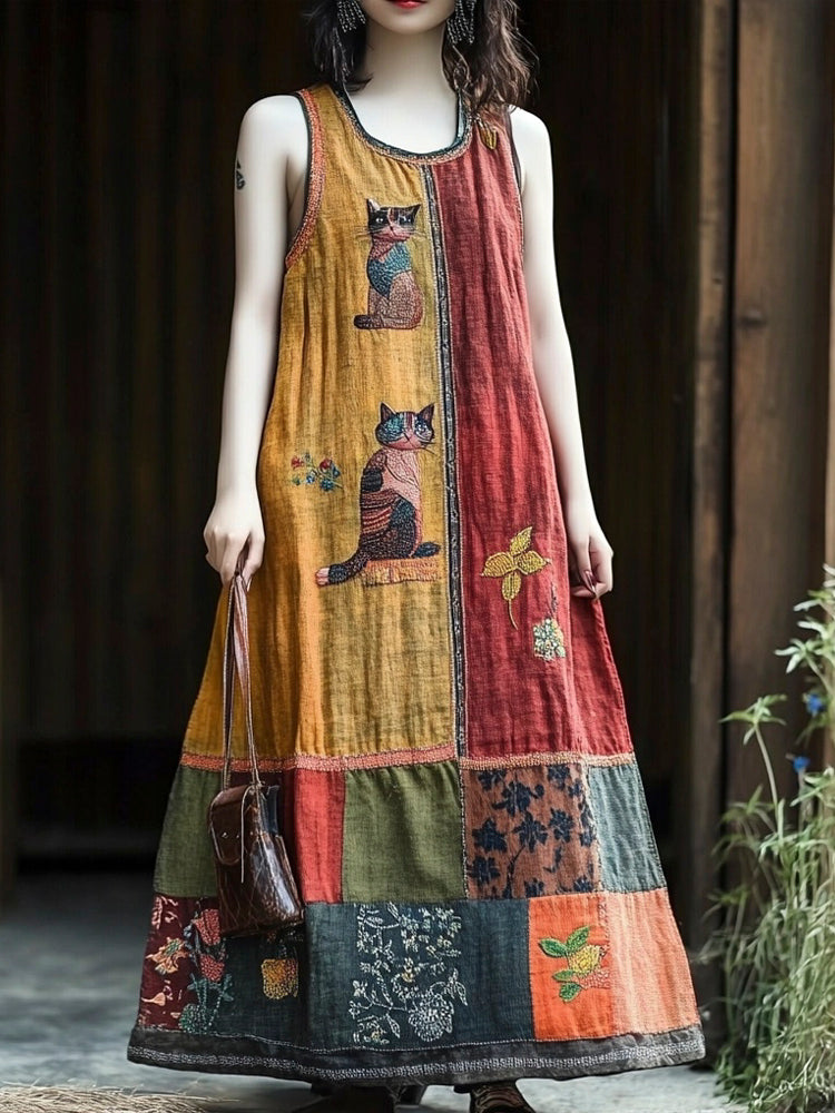 Vintage Floral & Cat Patchwork Linen Vest Long Dress 2c64