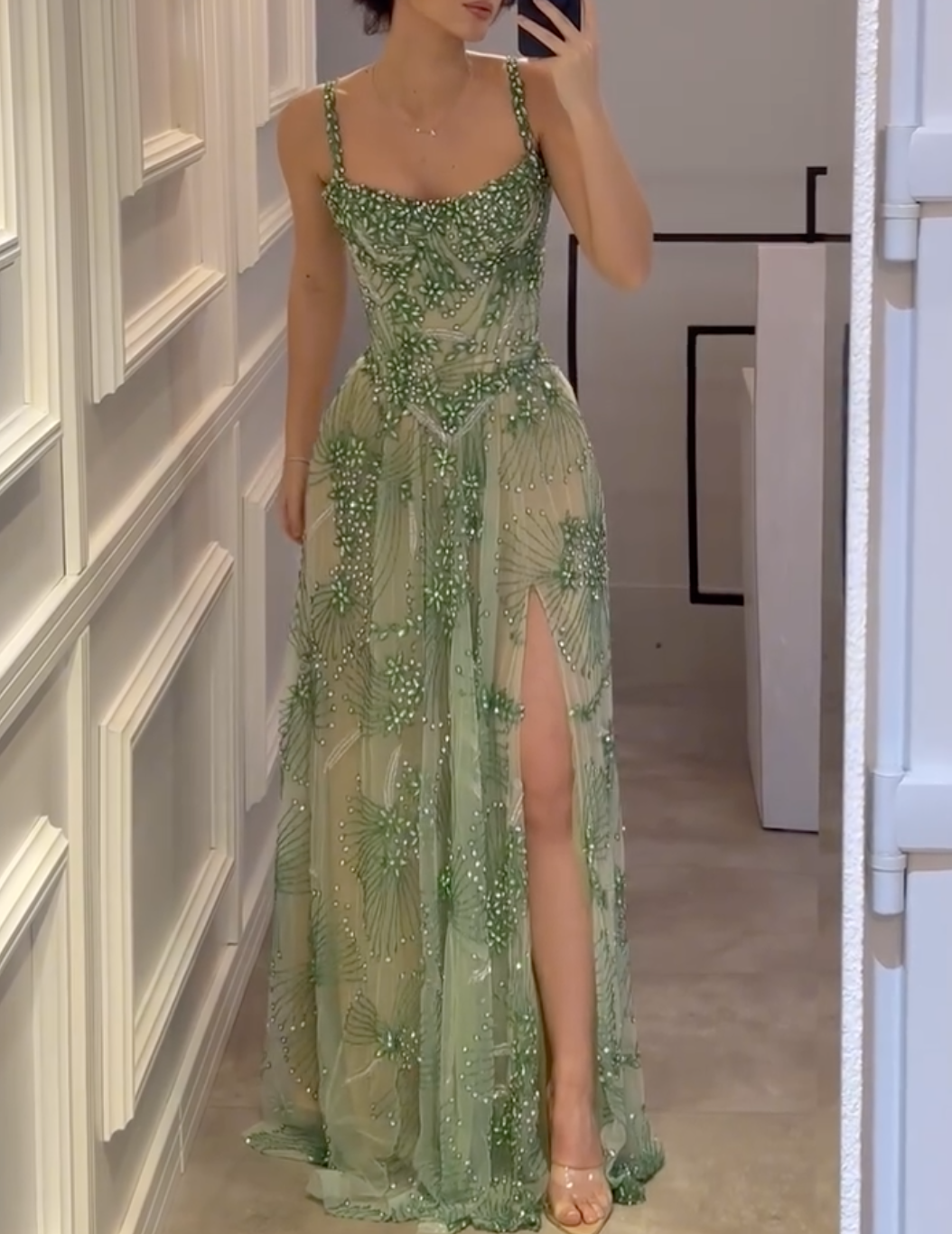 Green/Lavender Rhinestone Square Neck Maxi Dress with Sheer Mesh & High Slit