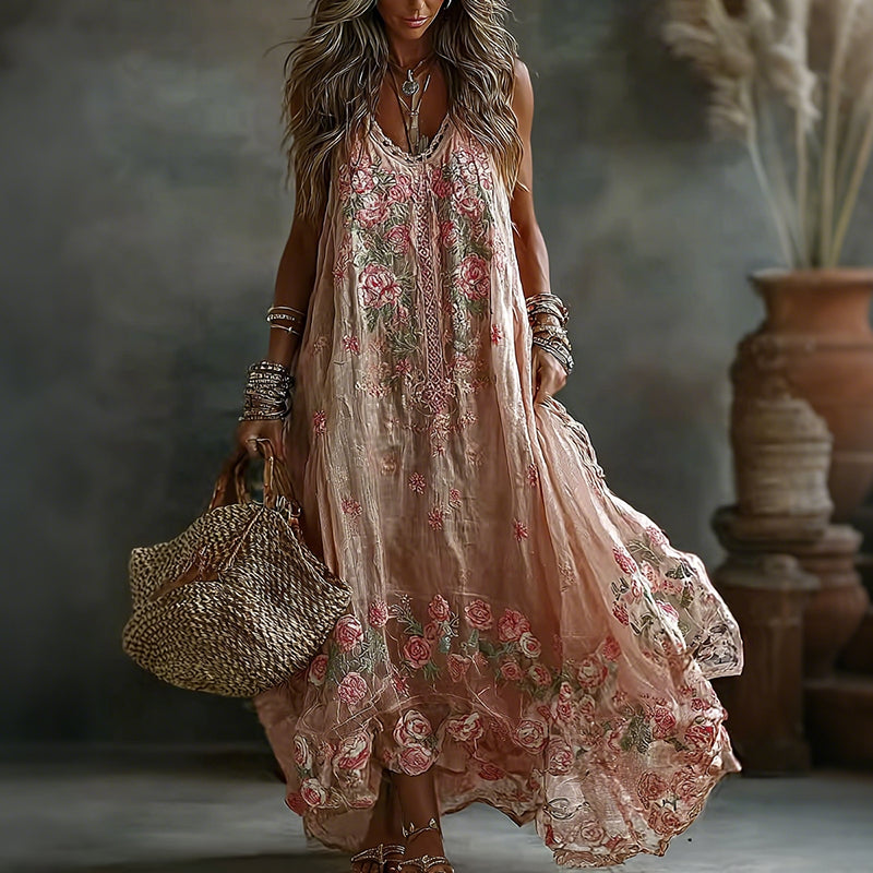 Women's Floral Art Print Flowy Linen Blend Casual Sleeveless Maxi Dress