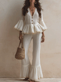 Bohemian Ruffle Hem Resort Cotton-linen Ivory White Pant Set