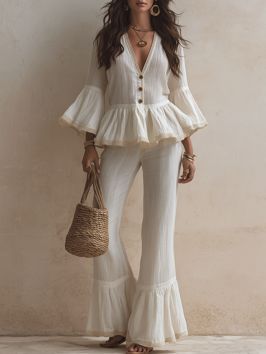 Bohemian Ruffle Hem Resort Cotton-linen Ivory White Pant Set