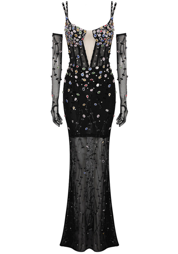 Crystal Sequin Bustier Maxi Dress Black