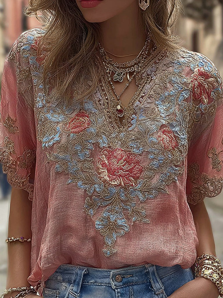 Women's Rose Floral Embroidered Casual V-neck T-shirt