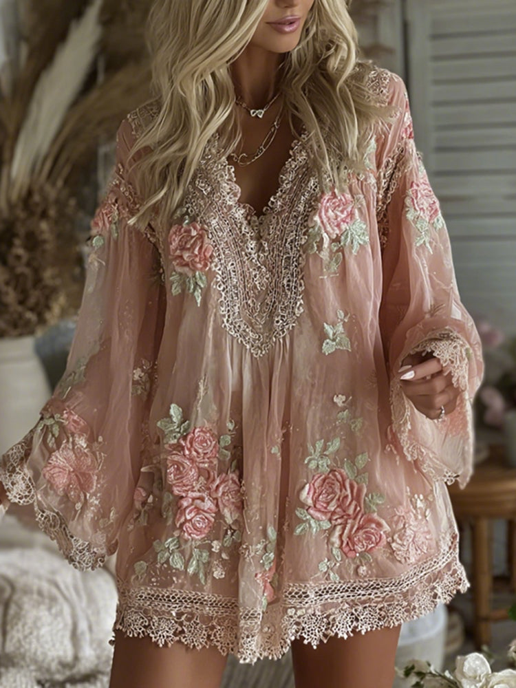 Women's Vintage Pink Floral Art V-neck Mini Dress