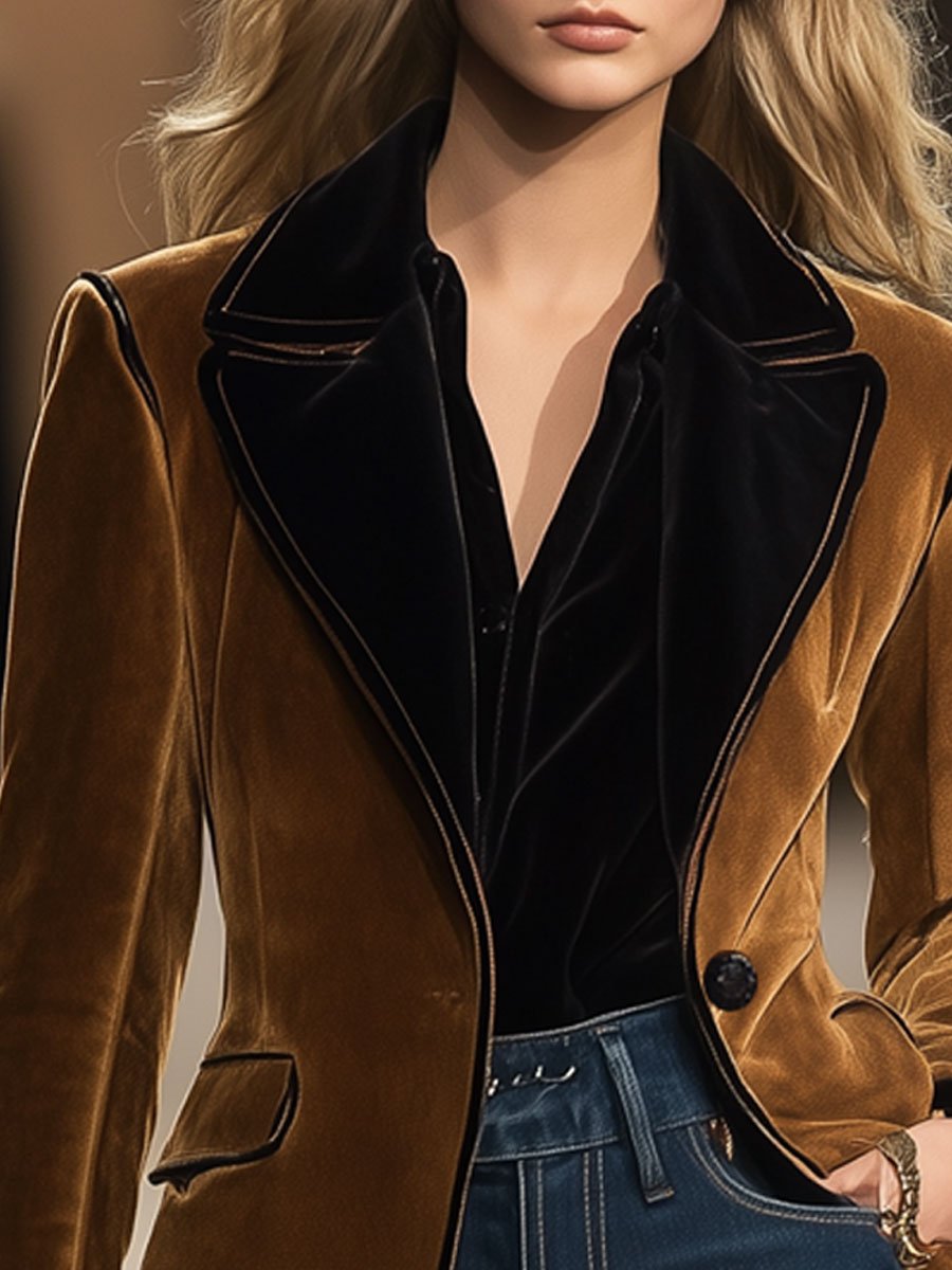 [24-hour shipping out]Casual Loose Vintage Suede Colorblock Lapel Pocket Blazer