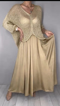 Gold Open Knit Cropped Sweater with Satin Maxi Skirt Set
