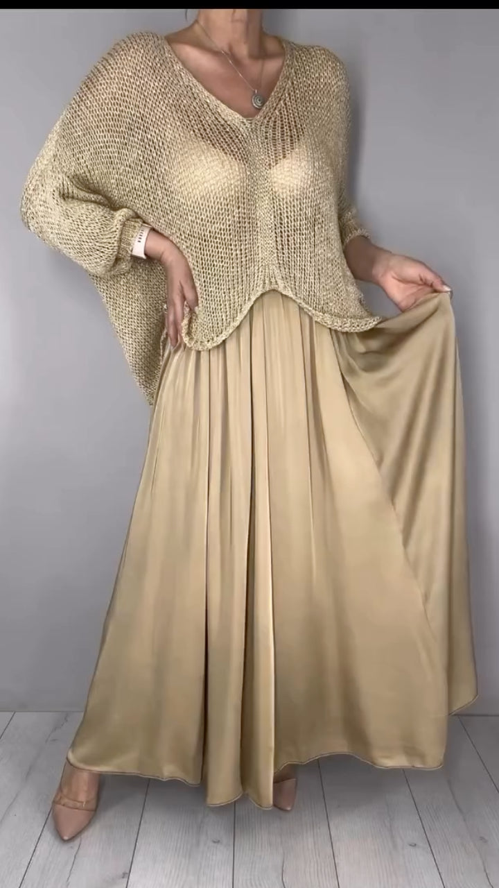 Gold Open Knit Cropped Sweater with Satin Maxi Skirt Set