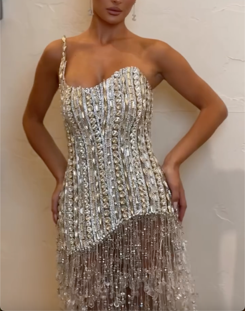 Silver Beaded One-Shoulder Mini Dress with Fringe Hem & Crystal Embellishments