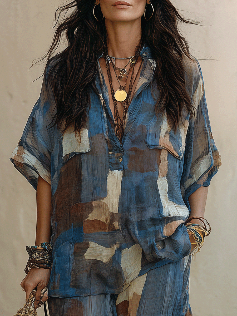 Effortless Boho Abstract Print Two-Piece Blue Brown Set